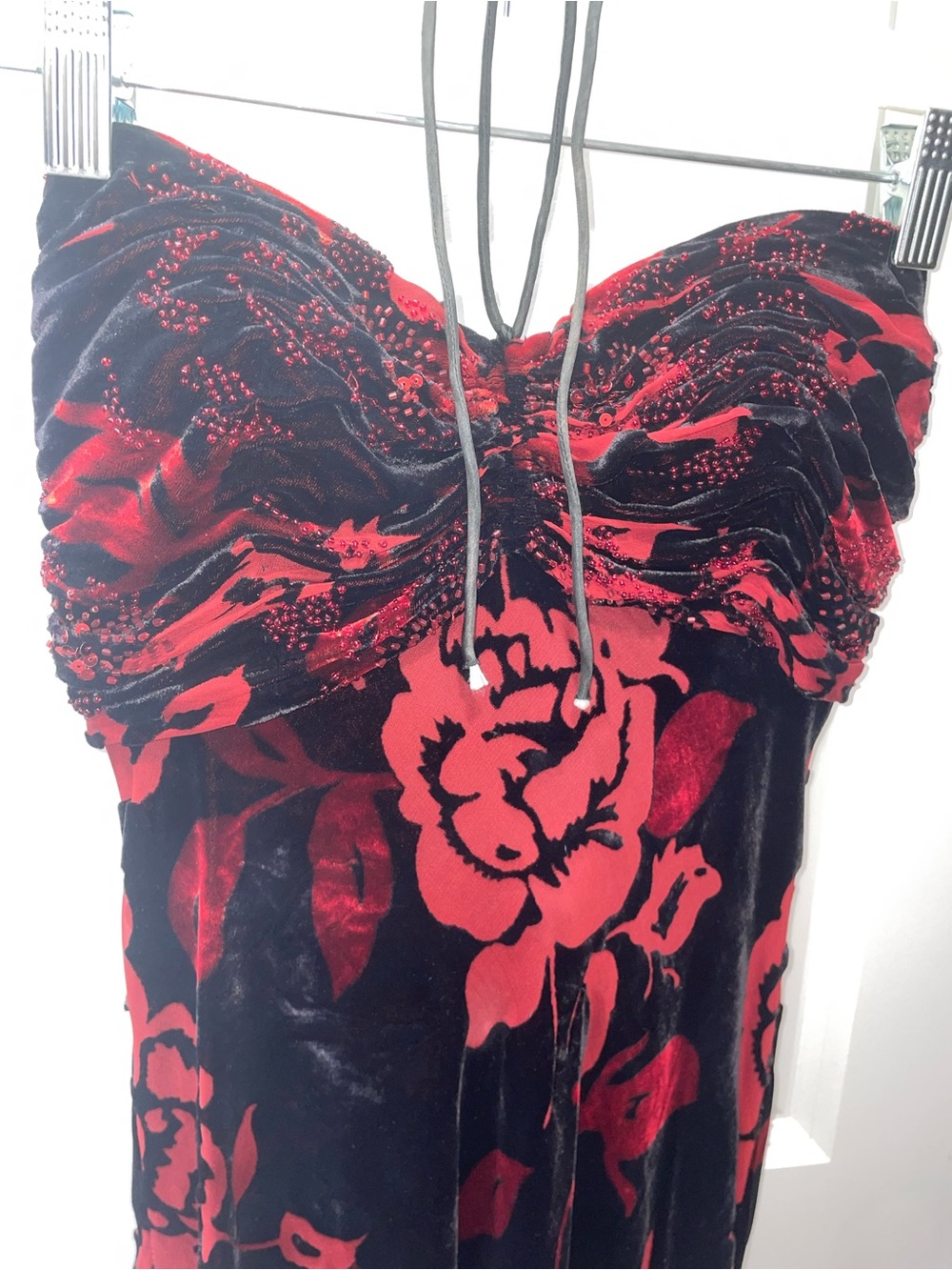 Vintage Cache red & Black Floral Velvet silk embellished Dress